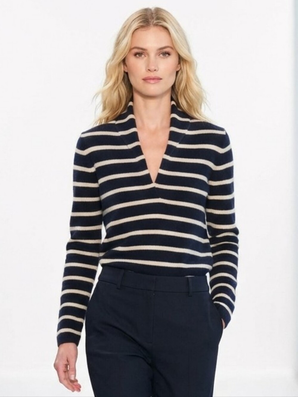 J.Crew 100% Baby Alpaca Wool Striped Shawl Collar Cardigan Sweater Navy Cream S